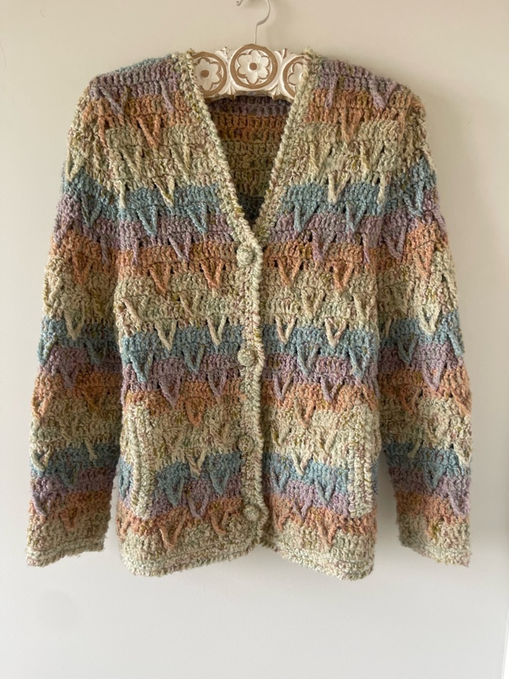 Colourful, Cozy Women’s Cardigan with Pockets. Size small.
